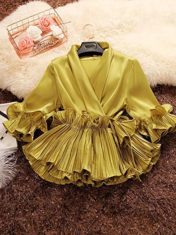 Spring And Summer New Female Deep V-neck Ruffles Lace Up Stain Shirt Women's Three Quarter Sleeve Shirts Women Blouses