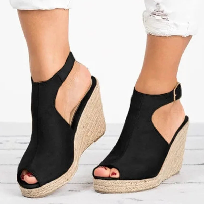 Women's Fashion Summer Wedges Heel Platform Casual Shoes Women Buckle Strap Roman Female PU Peep Toe High-heeled Shoes