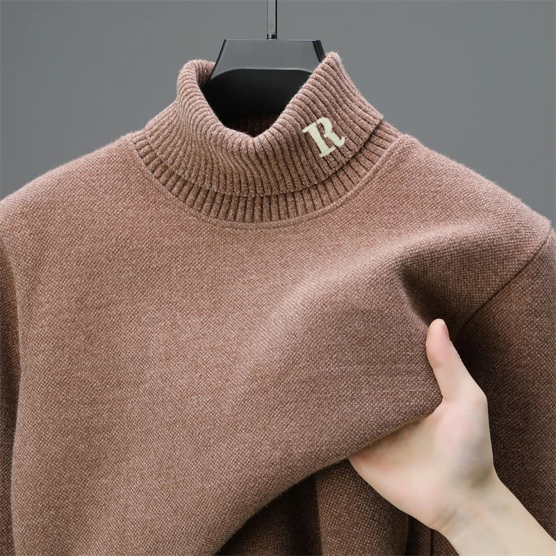 Luxury brand sweater men's high neck designer new trend R embroidery casual Korean top winter plush thick warm knitted pullover