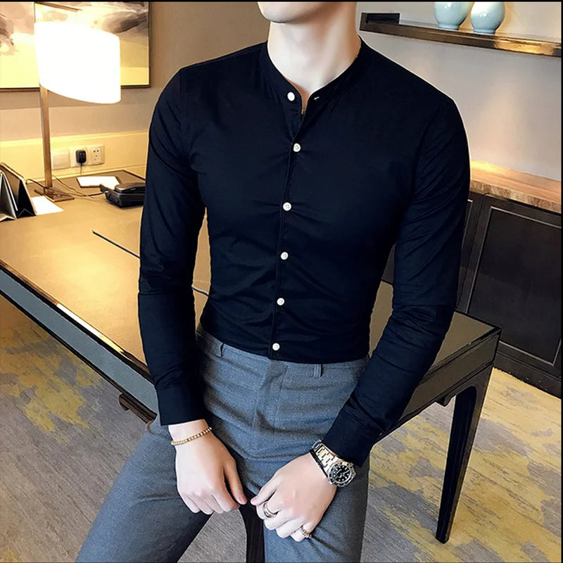 Men Slim Fit Shirt 2023 Autumn Cotton Solid Stand Collar Casual Business Long-sleeved Shirts Male Fashion Camisas Men Clothing