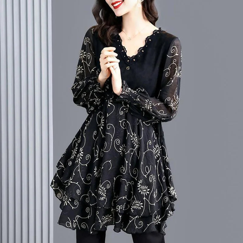 Vintage Printed V-Neck Spliced Ruffles Lace Beading Blouse Women's Clothing 2023 Autumn New Casual Pullovers Office Lady Shirt