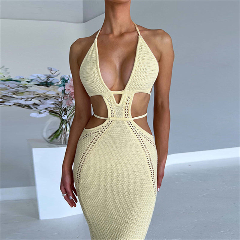 wsevypo Women Halter Tie-up Knit Crochet Beach Dress Sexy Backless Sleeveless Deep V Cutout Waist Wrapped Bodycon Dress Clubwear