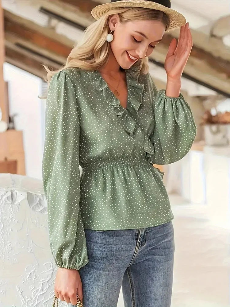 Mugen Plus Size Blouse Polka Dot Print Cinched Waist Blouse 2024 Women‘s Clothing For Summer Elegant Long Sleeves Ruffle Blouse