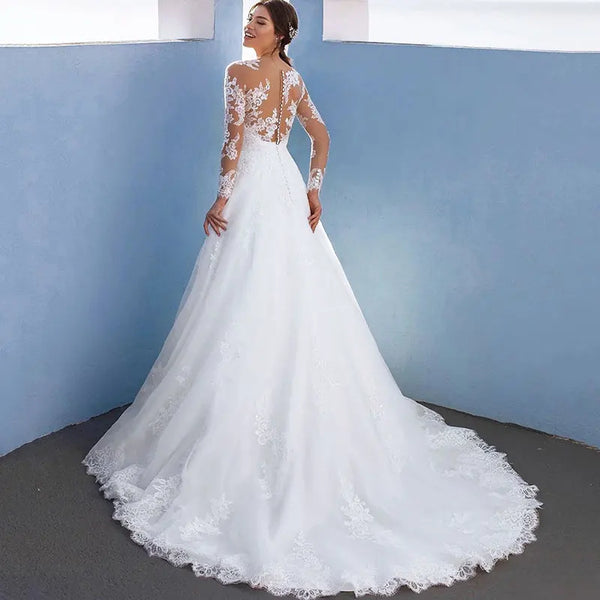 JEHETH Elegant A-Line Wedding Dresses For Women Long Lace Sleeves With Appliques Bridal Gown Illusion Tulle vestidos de novia