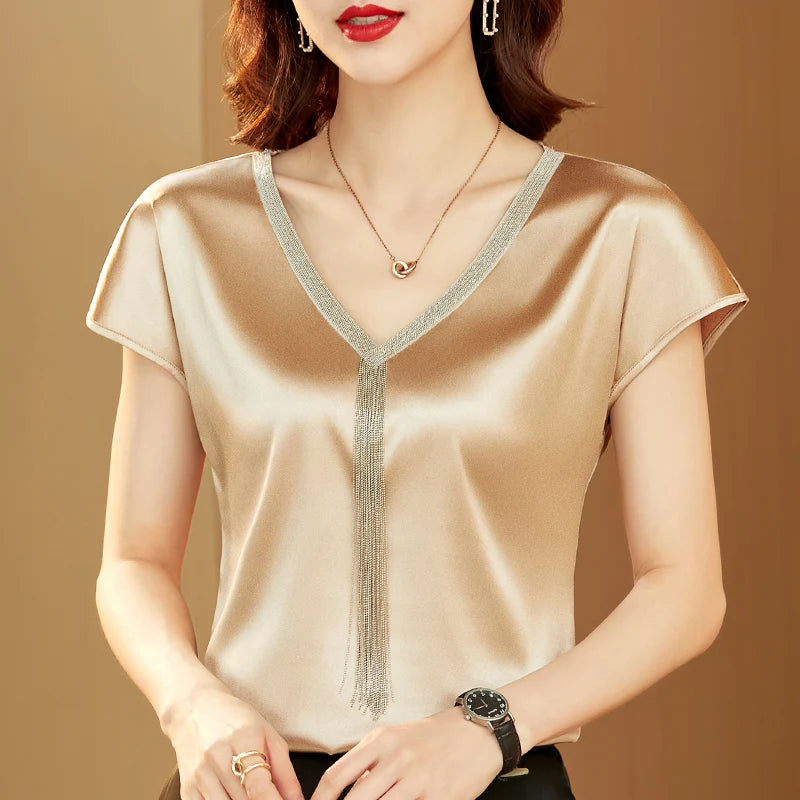 Shirts and  Blouses Fashion Woman 2024 Silk Tops Solid V-neck Satin Bat Sleeve for Women Elegant Office Lady Loose Casual 15494