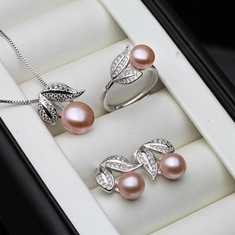 Pearl Earrings Necklace Pendant Ring For Women Natural Freshwater White Pearl Jewelry Set 925 Sterling Silver Jewelry Sets Gift