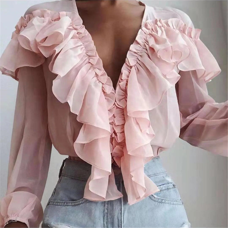 Spring Women White Ruffle Blouse Long Sleeve Top Chiffon Shirt Work Casual Lady Solid Color Pink V-neck Blouses Tunic Clothes