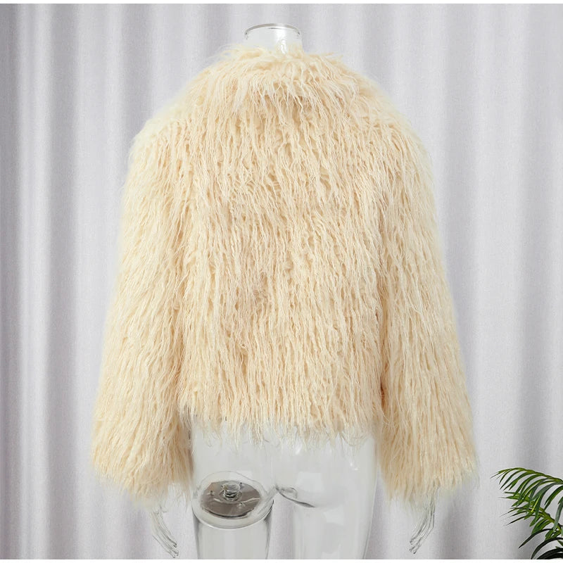 Elegant Solid Color Thick Faux Fur Coats Women Round Neck Long Sleeve Short Warm Jacket 2024 Winter Lady New High Street Outwear