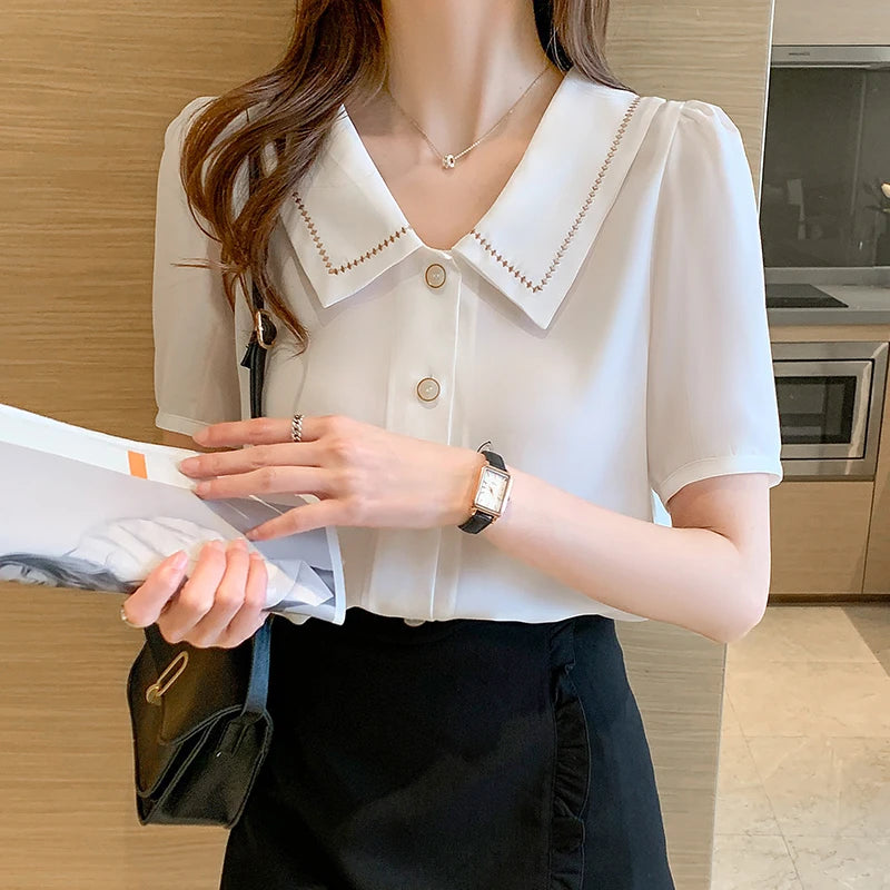 Blusas Blouses Femme Tops Women Turn Down Collar Blouse Women 2023 Summer White Blouse Short Sleeve Chiffon Blouse Shirt E778