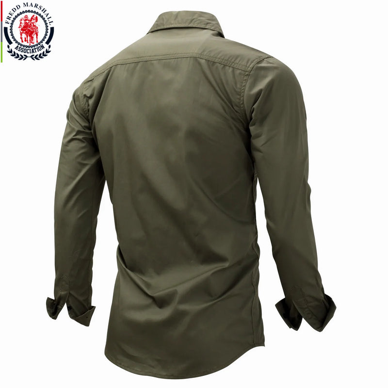 Fredd Marshall 2023 Fashion Military Shirt Long Sleeve Multi-pocket Casual Shirts Brand Clothes Army Green Camisa Masculina 117