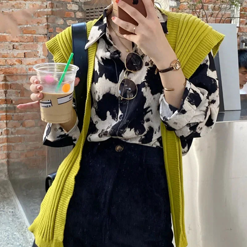 Cow Print Button Up Shirts Women Long Sleeve Blouse Korean Fashion Loose Clothes Chiffon Shirt Streetwear Tops Spring New 13486