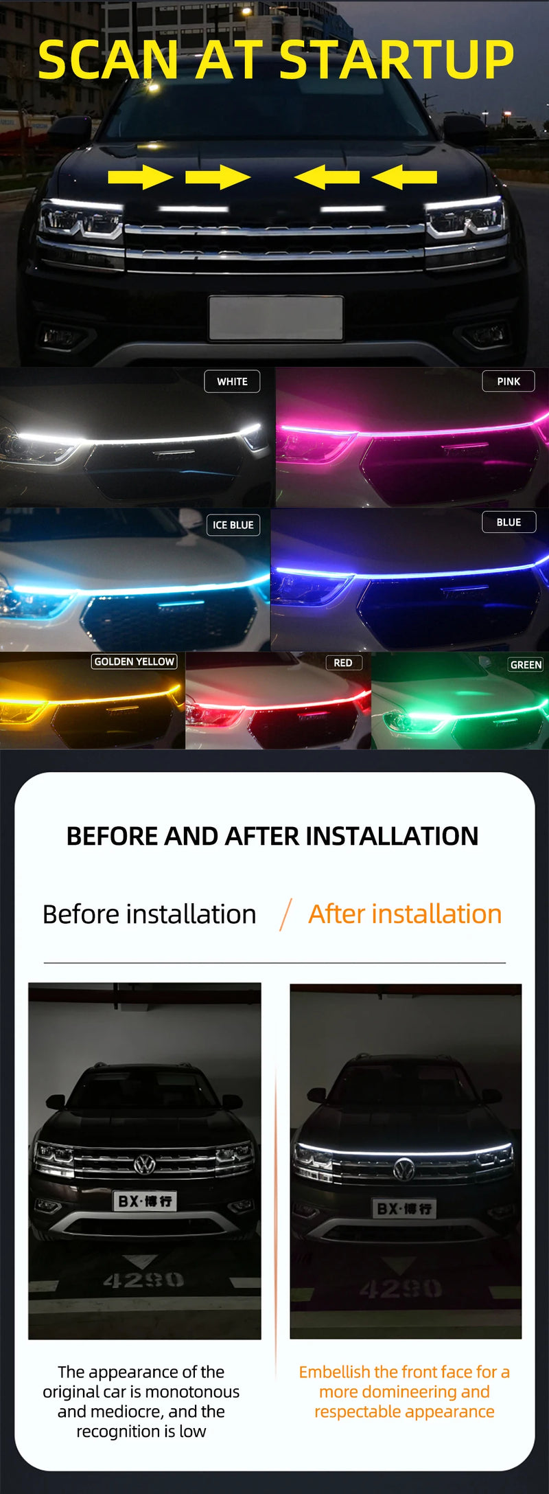 LED Daytime Running Light Scan Starting Car Hood Decorative Lights DRL Auto Engine Hood Guide Decorative Ambient Lamp 12V