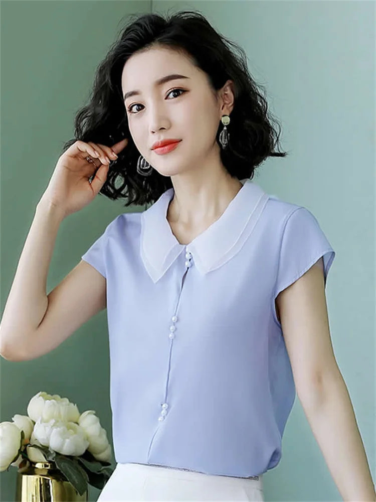 Women Spring Summer Style Blouses Shirts Lady Casual Short Sleeve Peter Pan Collar Blue Pink Blusas Tops DF2707