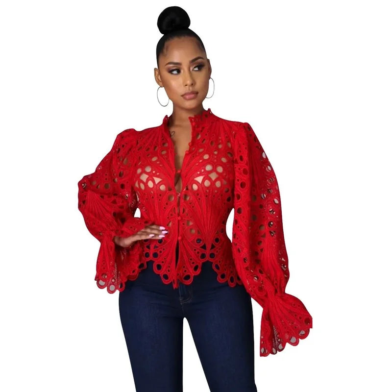 Casual Lantern Long Sleeve Stand Collar Shirts Sexy Lace Hollow Out Short Blouse Female Elegant Red/Pink/White Loose Tops 18939