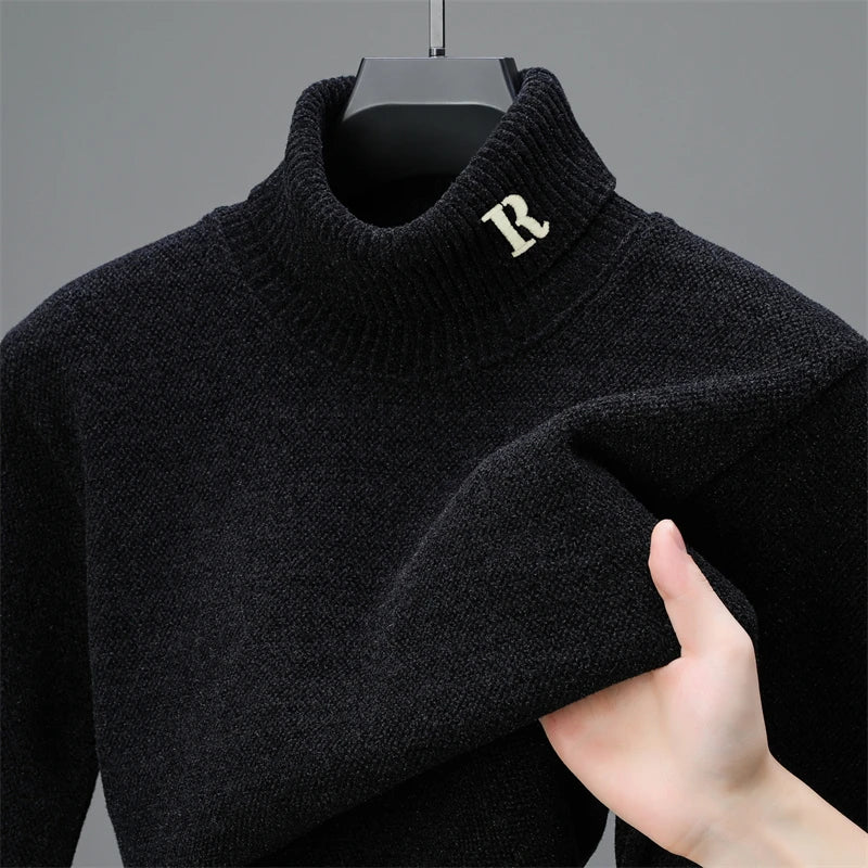 Luxury brand sweater men's high neck designer new trend R embroidery casual Korean top winter plush thick warm knitted pullover