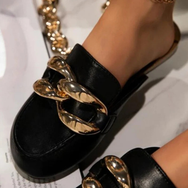 Metal Chain Lazy Loafers Big Round Toe Women's Slippers Sandals 2022 Summer Fashion Pumps Thick-soled Office woman's Shoes Mules