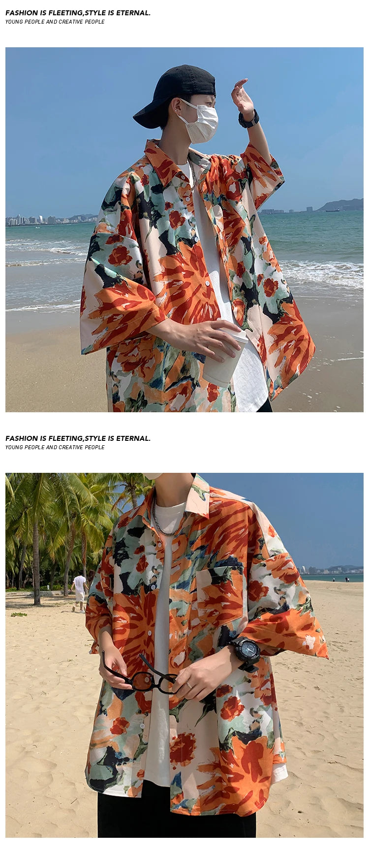 Hawaiian Flower Shirt Men's Graffiti Printed Short Sleeve Shirt Trendy American Cuban Collar Beach Shirt Couple's Clothing