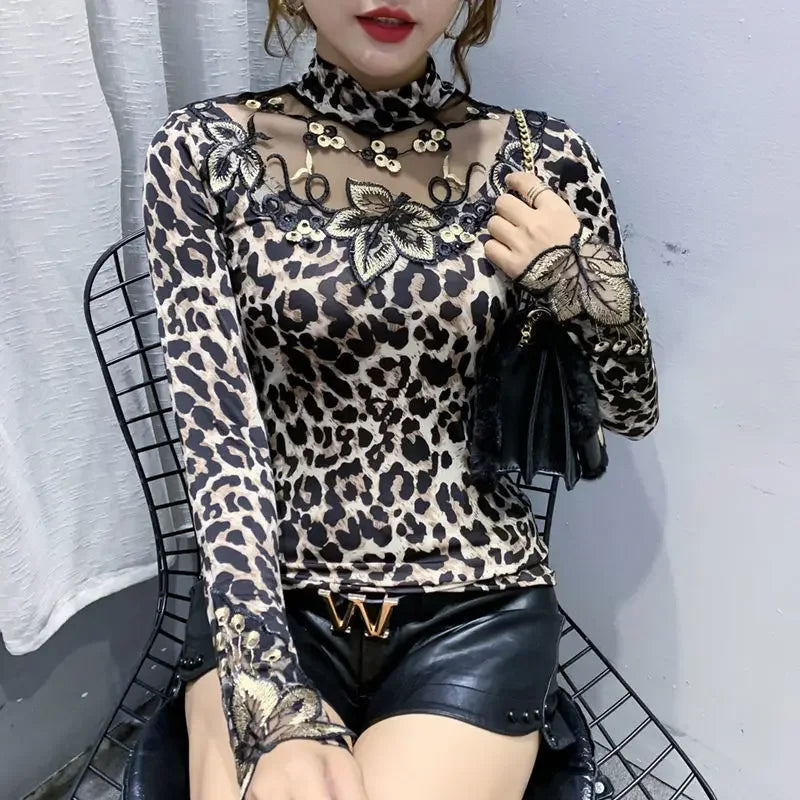 Blouse Women Women's Leopard Print Stud for Autumn and Winter Long-Sleeved Lace Embroidered Top Blusas Ropa De Mujer