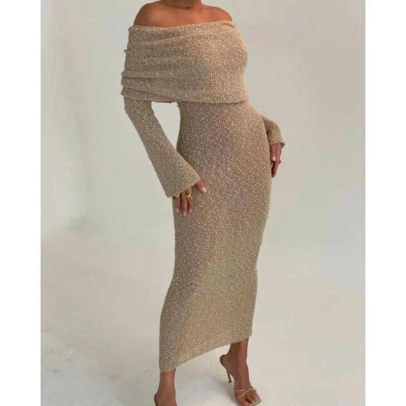 Tossy Knit Hollow Out Off-Shoulder Maxi Dress Female Cover up See-Through Sleeve Holiday Beach Party Dress Women Knitwear Dress