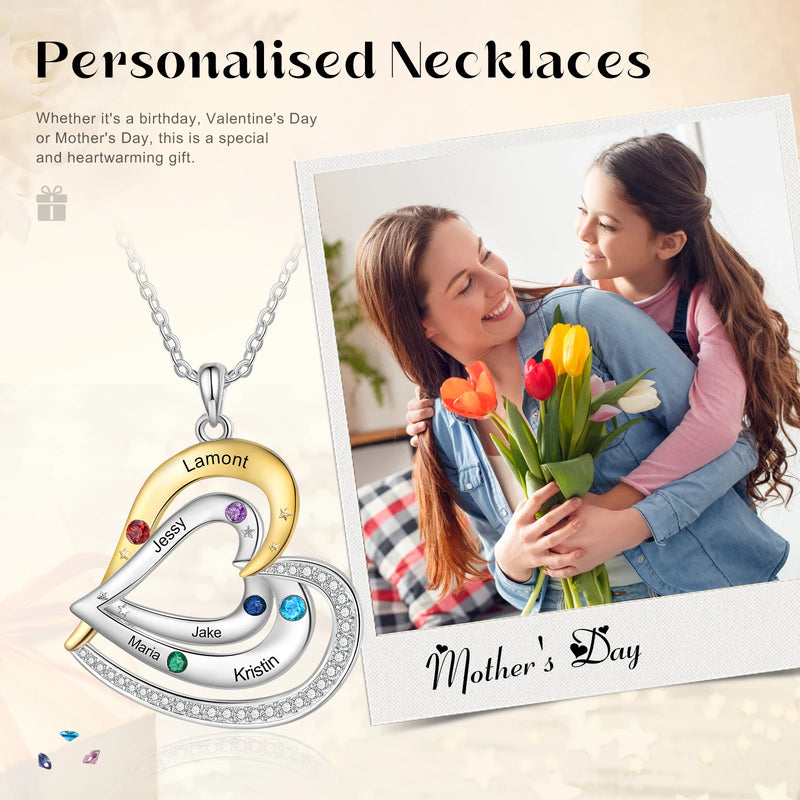 Customized 1-5 Birthstones Names Love Heart Pendant Neck-lace with Stars Decors for Mothers Day Brithday Gifts