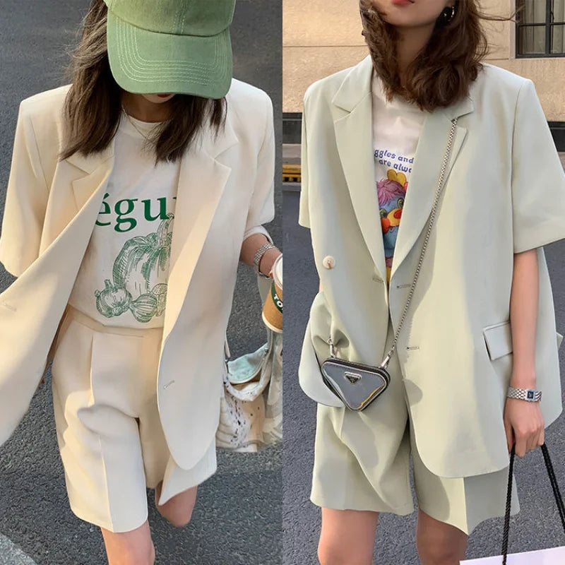 Clothing White 2024 Sleeve Summer Korean Style Blazer and Shorts Suit for Woman Kit Women's Short Pants Sets Complete Two Pieces