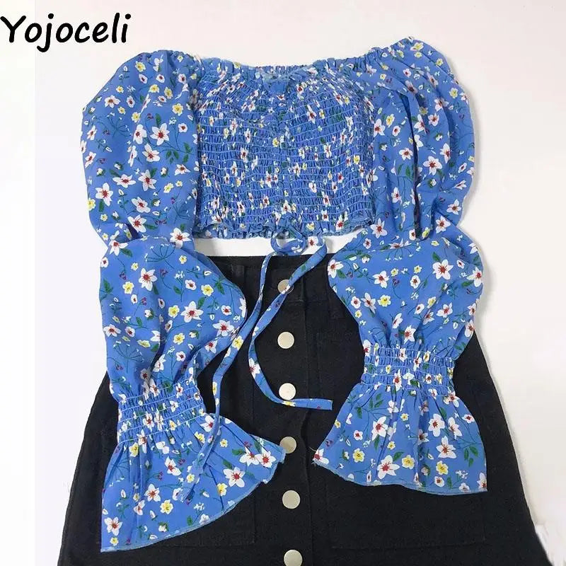 Yojoceli Sexy pleated print chiffon blouse women Autumn beach casual short crop top female Cool elegant ruffle blouse