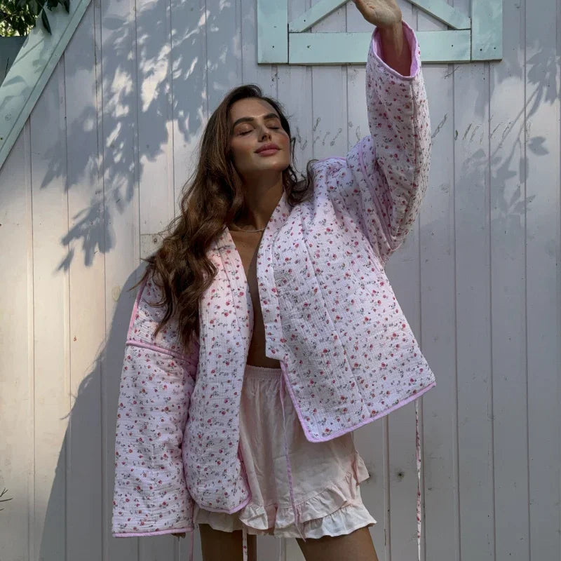 2024 New Pink Floral Cotton Coats Women Fashion V-neck Full Sleeve Lace Up Loose Jacket Autumn And Winte Chic Warm Lady Outwear