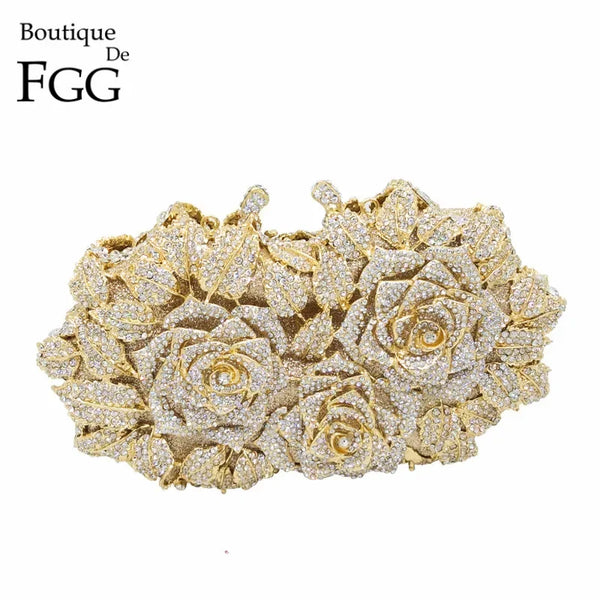 Boutique De FGG (in stock) Elegant Flower Crystal Clutch Women Evening Bags Wedding Bridal Handbags Party Dinner Rhinestone Bags