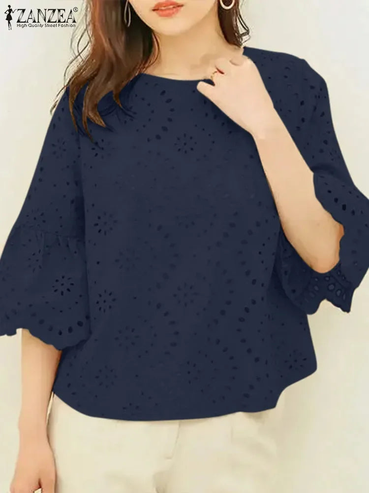 Women Elegant Lace Patchwork Blouse ZANZEA 2024 Summer 3/4 Ruffle Sleeve Casual Loose Blusa Everyday Hollow Out Solid Color Tops