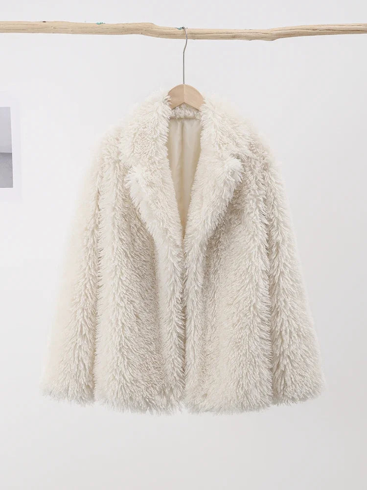 Elegant Lapel Faux Fur Coat Women Fashion Long Sleeve Loose Solid Outwear Curly Fur Female Top 2024 Autumn All-match Jacket