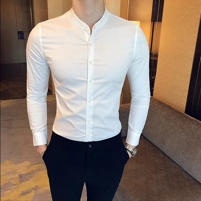 Men Slim Fit Shirt 2023 Autumn Cotton Solid Stand Collar Casual Business Long-sleeved Shirts Male Fashion Camisas Men Clothing