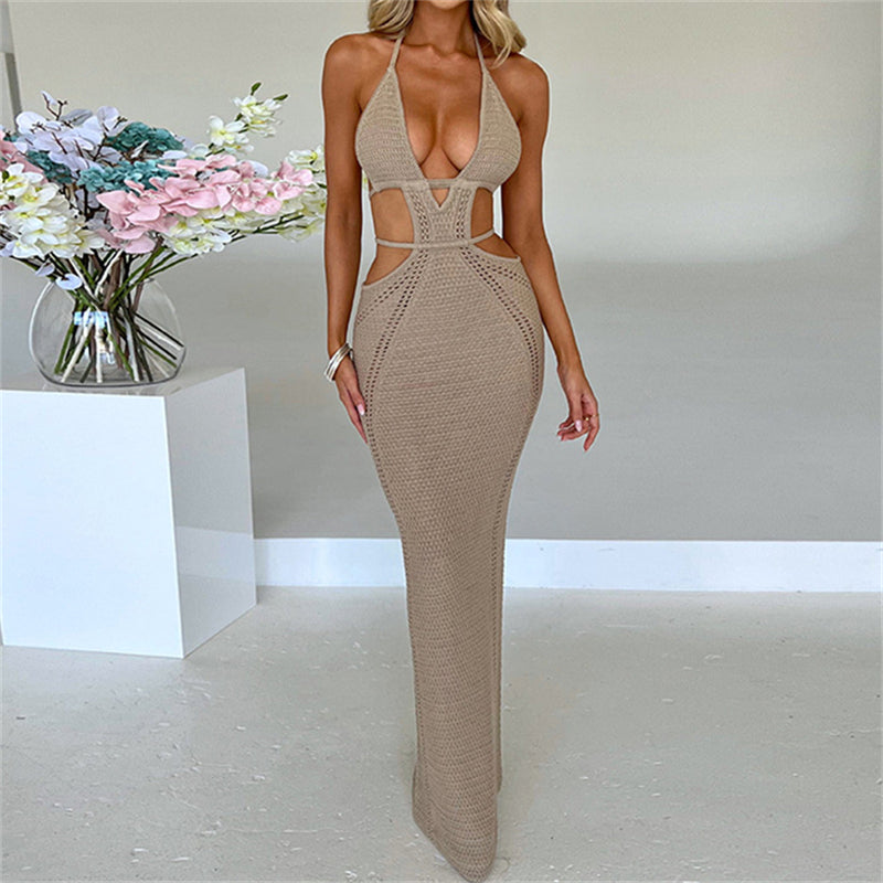 wsevypo Women Halter Tie-up Knit Crochet Beach Dress Sexy Backless Sleeveless Deep V Cutout Waist Wrapped Bodycon Dress Clubwear