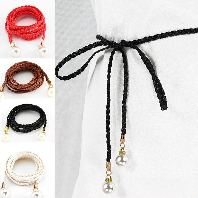 140CM Long Vintage Bohemian Knot Thin Belt Women Elegant Pearl Elastic Braided Waistband Female Summer Seaside Dress Waist Ropes