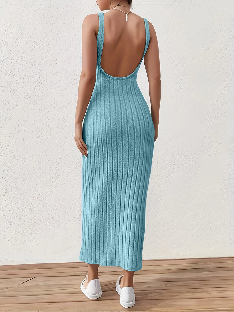 Solid Backless Tank Dress，Summer new sexy backless mid-length knitted sleeveless dress