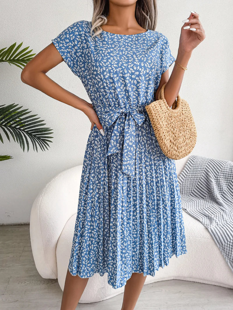 Women Spring Summer Short Sleeve High Waist Chic Dress Fashion Floral Pleated A Line Long Dress