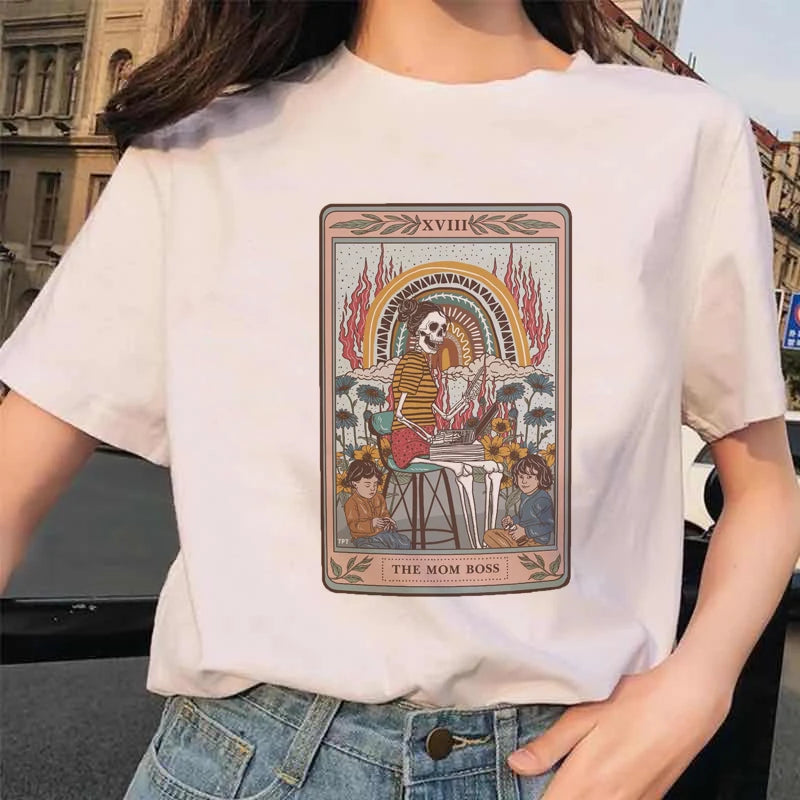 Women's Tarot Card Flower Funny Time Ladies Cartoon Fashion Short Sleeve Summer Printed T-shirt Women's T-shirt Top Pattern.