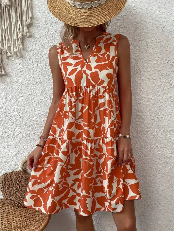 Women Boho Print Mini Dress Summer Elegant Sleeveless V Neck Ruffle A Line Tank Dress Casual Loose Oversize Beach Party Sundress