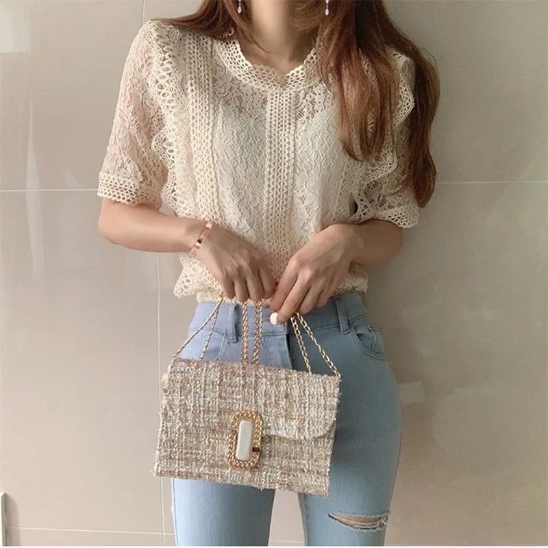 Cropped Shirts Women Short Sleeve O-Neck Casual Lace Hollow Out Elegant Fashion Retro All-match Slim Summer Chic Top Ulzzang Ins