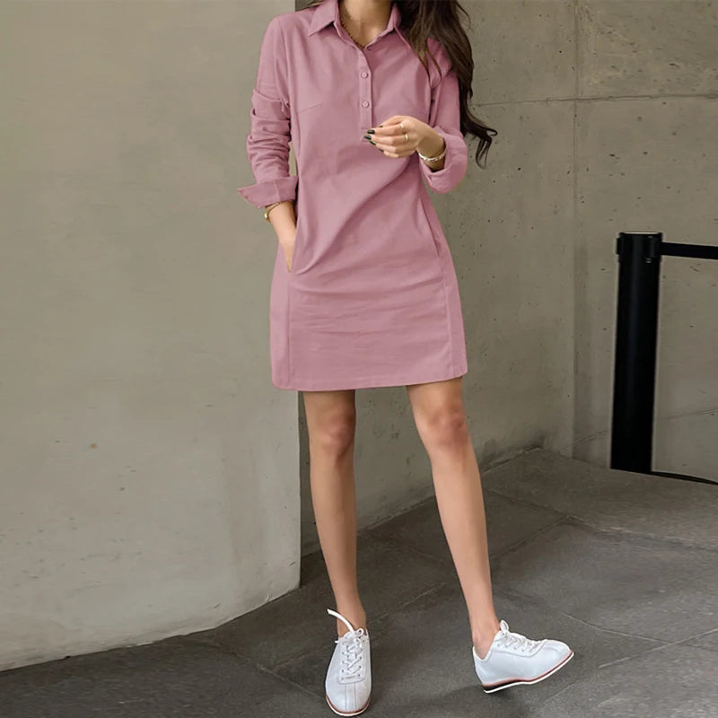 VONDA Women Dress Summer Elegant Long Sleeve Solid Color Shirt Sundress 2024 Casual Loose Buttons Pockets Short Mini Vestidos