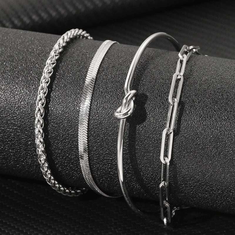 Stainless Steel Bracelets 4 pieces Multi-layer Mixed Chain hip-hop Exaggerated Bracelet For Women Jewelry Party Wear New Popular