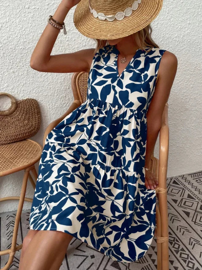 Women Boho Print Mini Dress Summer Elegant Sleeveless V Neck Ruffle A Line Tank Dress Casual Loose Oversize Beach Party Sundress