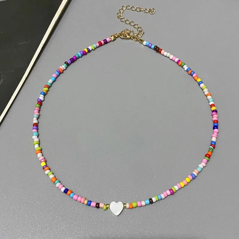 New Nature Shell Love Heart Choker Necklace for Girl Spring Summer Fashion Small Colorful Glass Beads Necklace Gift for Friend