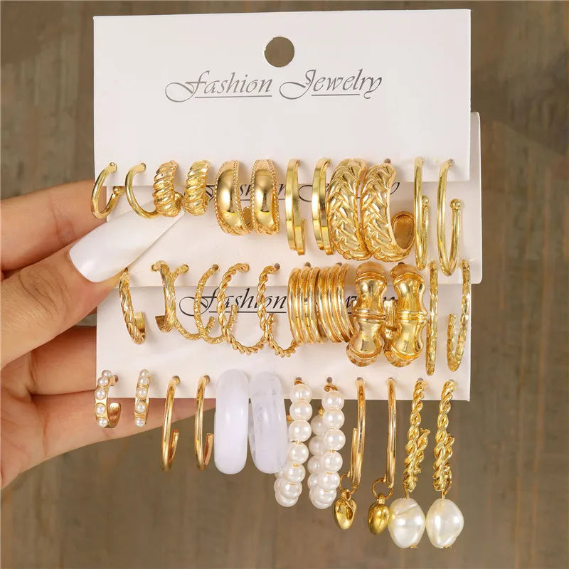Boho Big Circle Hoop Earring Set for Women, Gold Color Bohemia Vintage Pearl Earring, Heart Zircon Ear Studs Jewelry Gifts