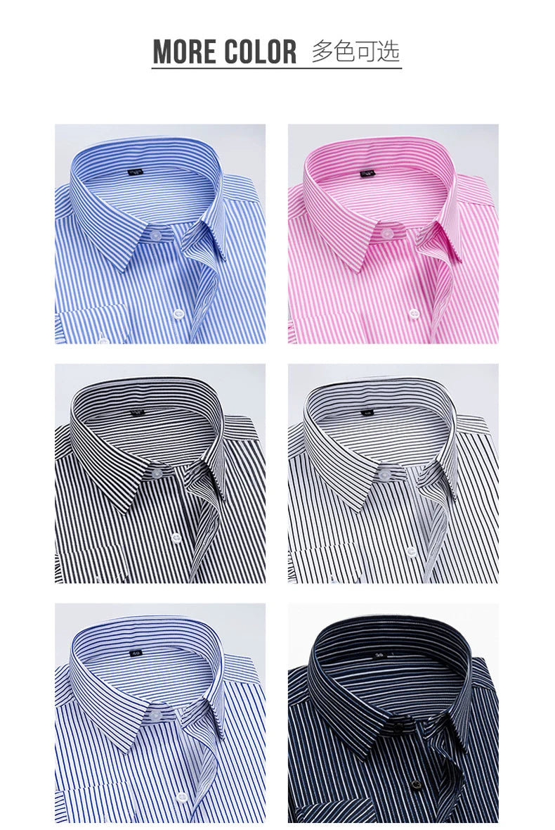 Cotton Men's Classic Long Sleeve Striped Basic Dress Shirts Single Patch Pocket Formal Business Standard-fit Office Social Shirt