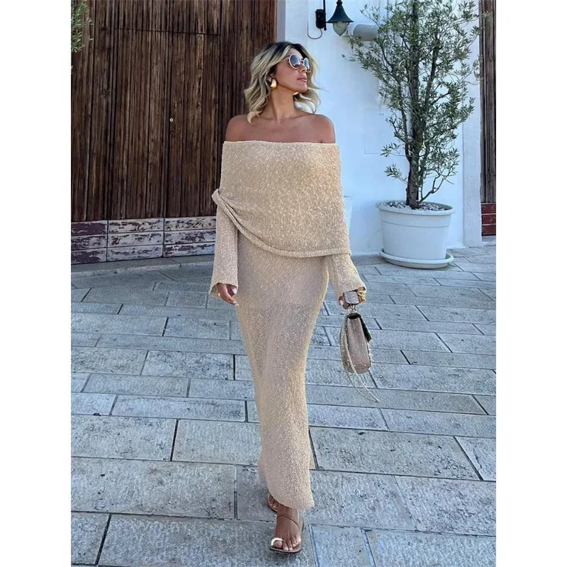 Tossy Knit Hollow Out Off-Shoulder Maxi Dress Female Cover up See-Through Sleeve Holiday Beach Party Dress Women Knitwear Dress