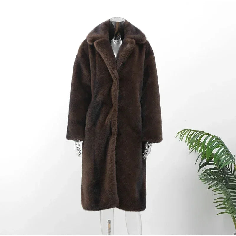 Women Retro Luxury Faux Fur Coat Fashion Lapel Single Breasted Long Sleeve Pockets Jacket Winter Plush Warm High Street Outwear