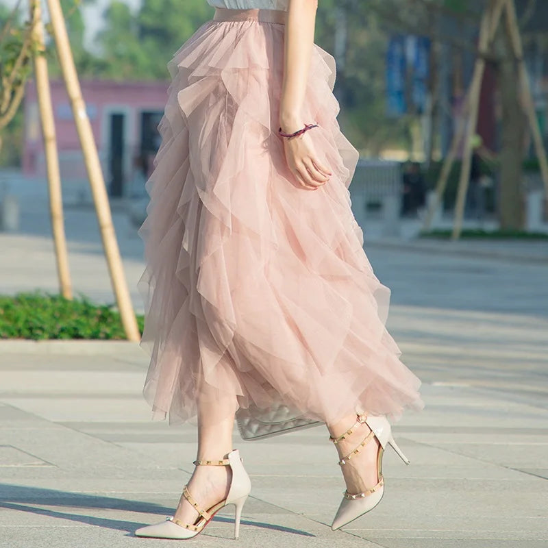 Tutu Tulle Long Maxi Skirt Women Fashion Korean Cute Pink High Waist Pleated Skirt Mesh Female Lady Aesthetic Faldas