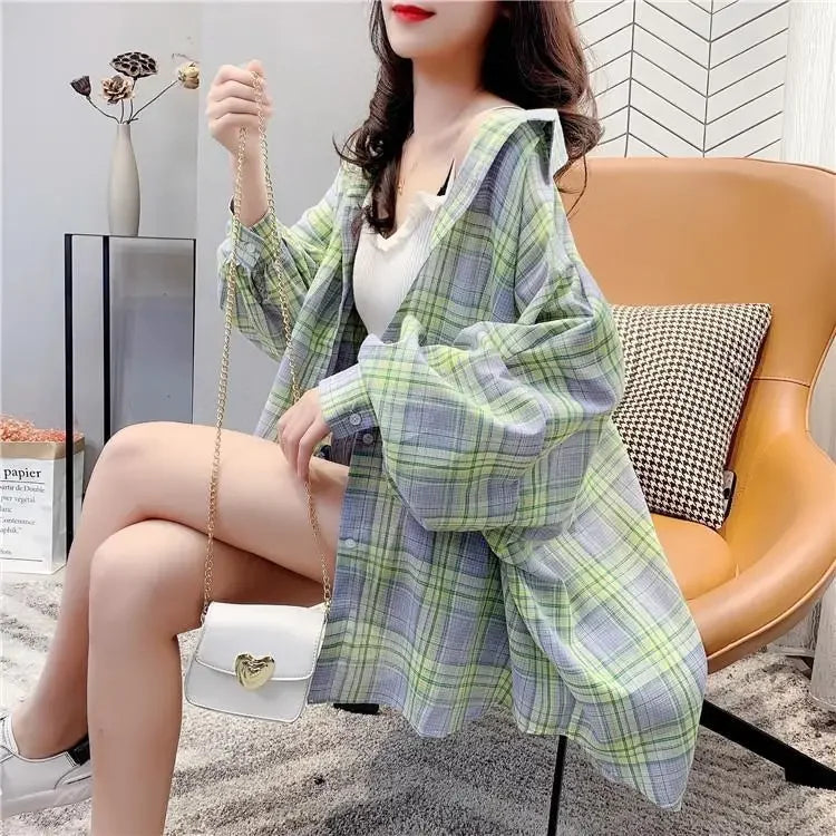 Shirts Women Fashion Chic 3XL Batwing Sleeve Plaid Summer Sun-proof Simple Daily Casual Korean Style Harajuku All-match Ladies