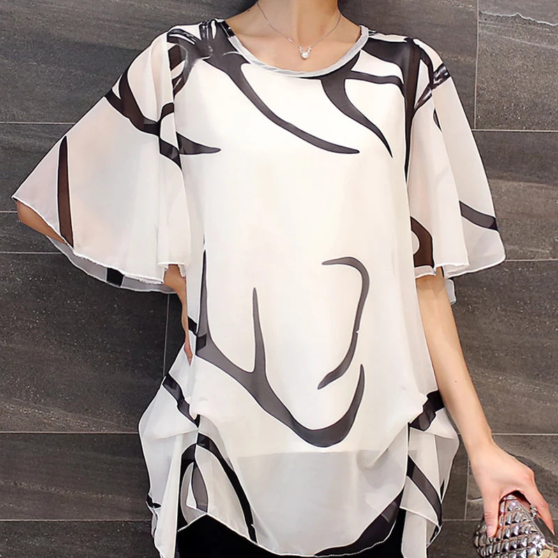 New 2023 Summer Short Sleeve Women's Clothing Fashion Loose5XL Chiffon Women Blouse Shirt Loose Woemn's Tops Blusas 60A 30