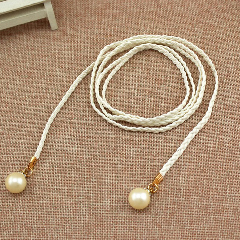 140CM Long Vintage Bohemian Knot Thin Belt Women Elegant Pearl Elastic Braided Waistband Female Summer Seaside Dress Waist Ropes